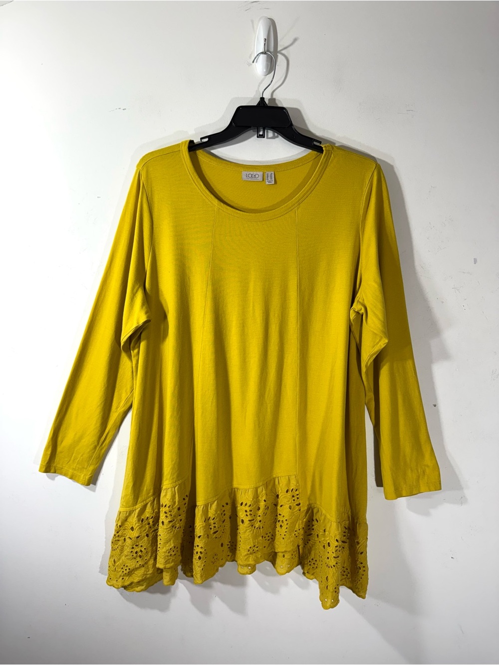 LOGO Lori Goldstein Tunic Scoop Neck Eyelet Hem Mustard Yellow 2X